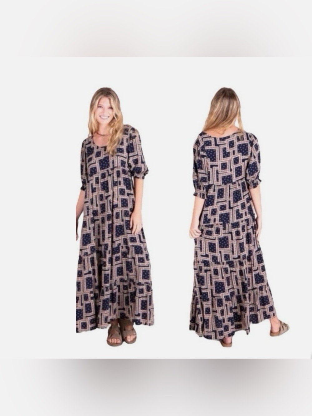 NATURAL LIFE Navy and Beige Patchwork Maxi Dress